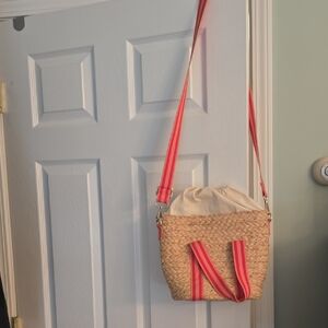 Straw Woven Crossbody Bag with Pink-Red Striped Strap